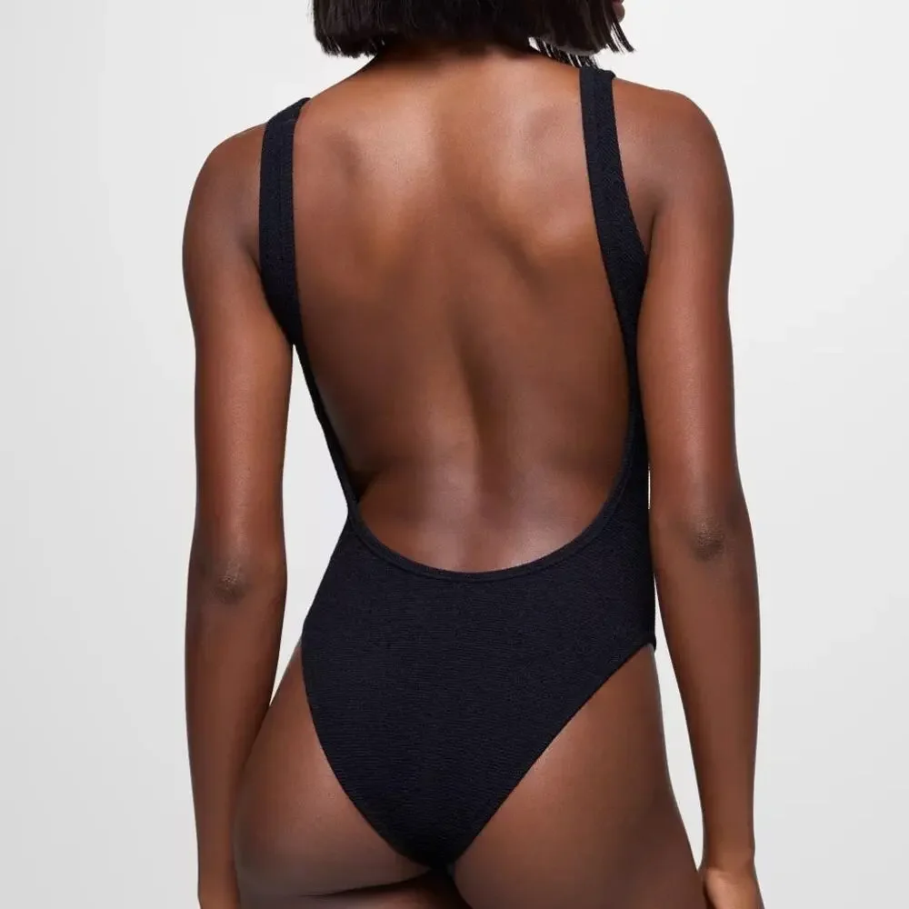 Prana Lahari Scrunch One Piece Swimsuit Women's Medium Black Cheeky Textured - Picture 2 of 8
